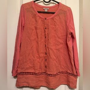 Lucky Brand Orange Blouse Coral Crochet Cut-out Button front 3/4 sleeve Medium